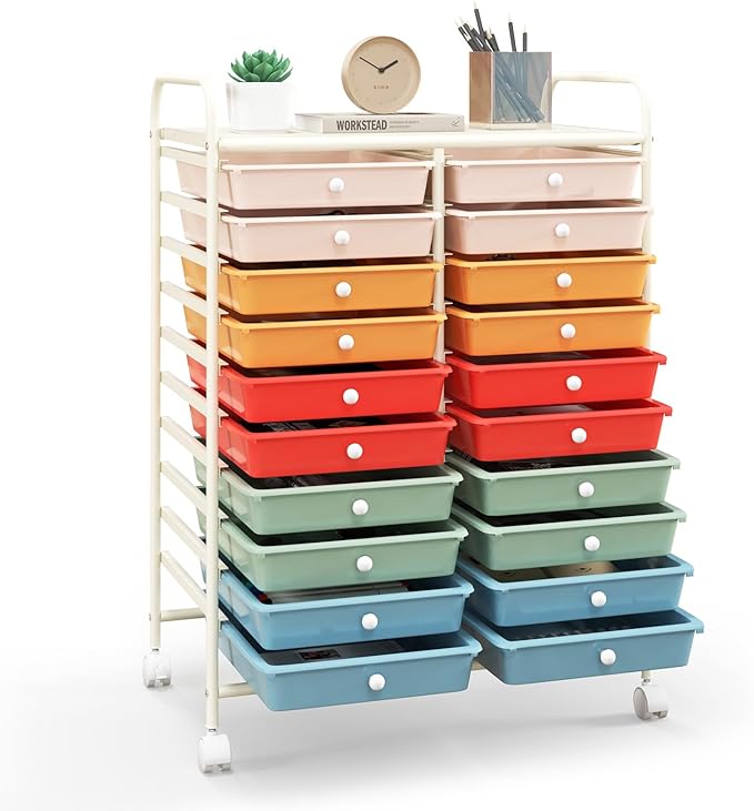 Happygrill 20-Drawer Organizer Cart Tools, Mobile Utility Storage Cart with Removable Drawers & Lockable Wheels, Rolling Storage Cart with wheels for Home Office School (Macaron)