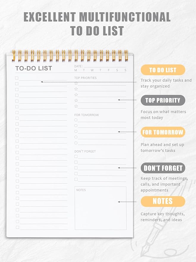 To Do List Notepad for Work, Productivity & Goal Setting, Undated Spiral Daily Planner with 52 Sheets Task Checklist, Time Management, 100 GSM Paper for Office, Family, Personal Use