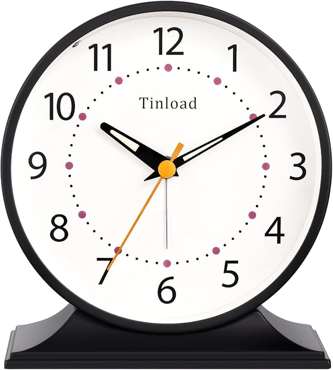Tinload 4.5" Antique Retro Analog Alarm Clock, Small Silent Bedside Desk Clock with Manual Light, Battery Operated, Snooze, for Living Room, Bedroom, Bedside, Desk(Black)