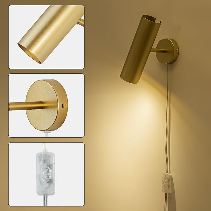 Ahaloye Gold Plug in Wall Sconce Set of 2, Modern Swing Arms Wall Lamp with Cord Wall Light for Bedroom Living Room (Bulb Included)