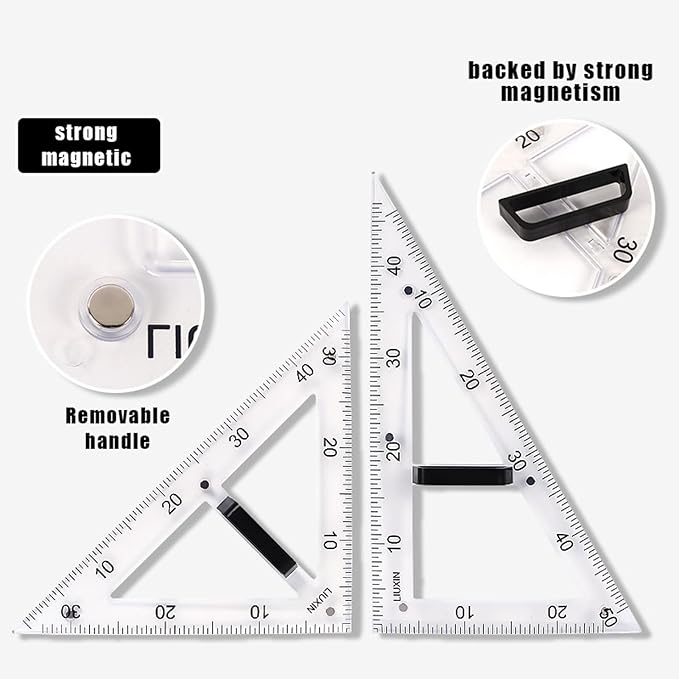 Magnetic Geometry Tool, Protractor, Triangle Rulers Easy Attachment Blackboard Measurement Kit, Teacher Board Protractor Multi-Purpose Kit Large (Transparent-3pc)