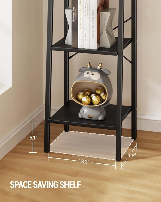 Hzuaneri Ladder Shelf, Bookshelf Bookcase, Freestanding Corner Storage Shelve with 2 Hooks for Home Office, Living Room, Kitchen, Bedroom, Industrial, 11.8" D x 13.4" W x 47.2" H, Black BC13204B