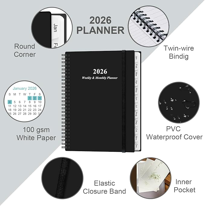 2026 Planner - Planner 2026 from January 2026 to December 2026 with 12 Monthly Tabs, Flexible Cover, Inner Pocket, 8.5" x 11", Black-B