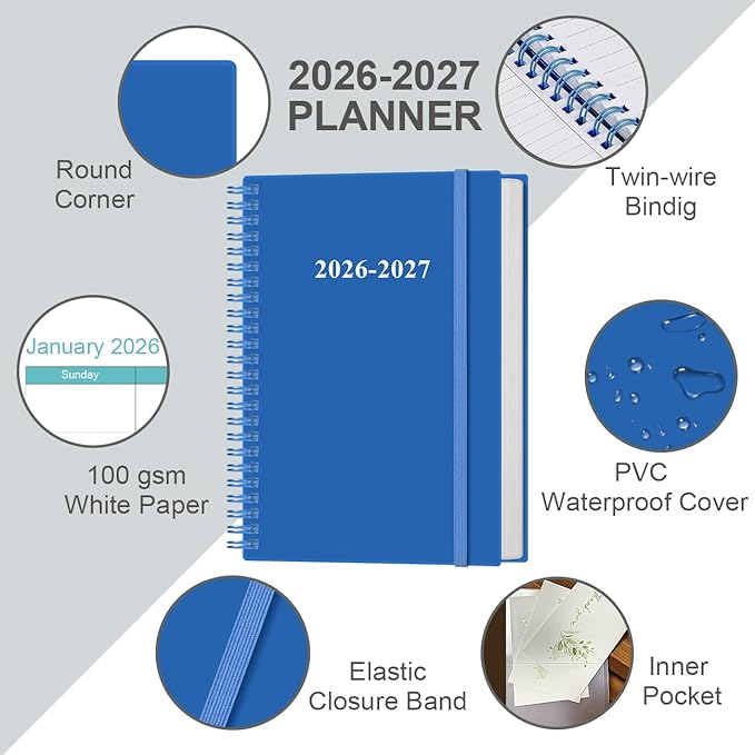 2026-2027 Planner - Weekly & Monthly Planner from January 2026 - June 2027, Spiral Planners 2026-2027 with Elastic Closure, Inner Pocket, Medium 5.8" x 8.3", Blue