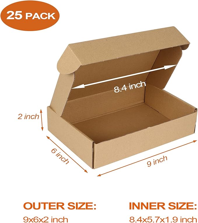 PHAREGE 9x6x2 inch Shipping Boxes Bulk 25 Pack Brown, Tab Lock Tuck Top Mailer Boxes for Packaging Small Business, Small Cardboard Gift Boxes for Wrapping Mailing Present