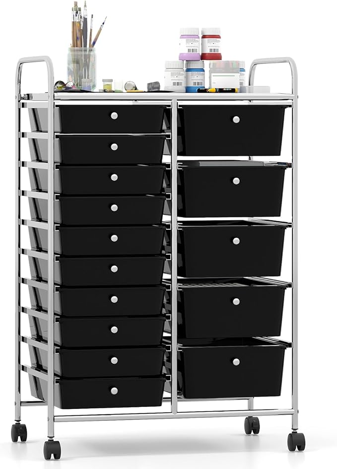 Giantex 15 Drawer Rolling Cart with Drawers, Storage Organizer Cart for Classroom Office School Teacher, Mobile Drawer Cart for Tools, Crafts, Small Printer, Black