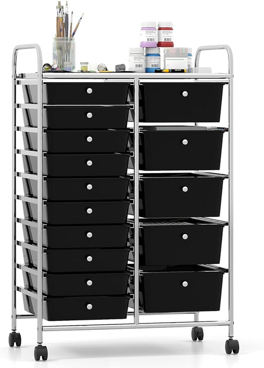 Giantex 15 Drawer Rolling Cart with Drawers, Storage Organizer Cart for Classroom Office School Teacher, Mobile Drawer Cart for Tools, Crafts, Small Printer, Black