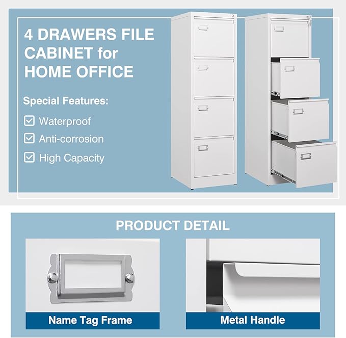 PEUKC 4-Drawer File Cabinet, 16.3" Deep Vertical Filing Cabinet with Lock, Metal File Cabinet for Home Office, Anti-Tip 4 Storage Drawers for Letter/Legal/A4/F4 Size (Assemble Required, White)