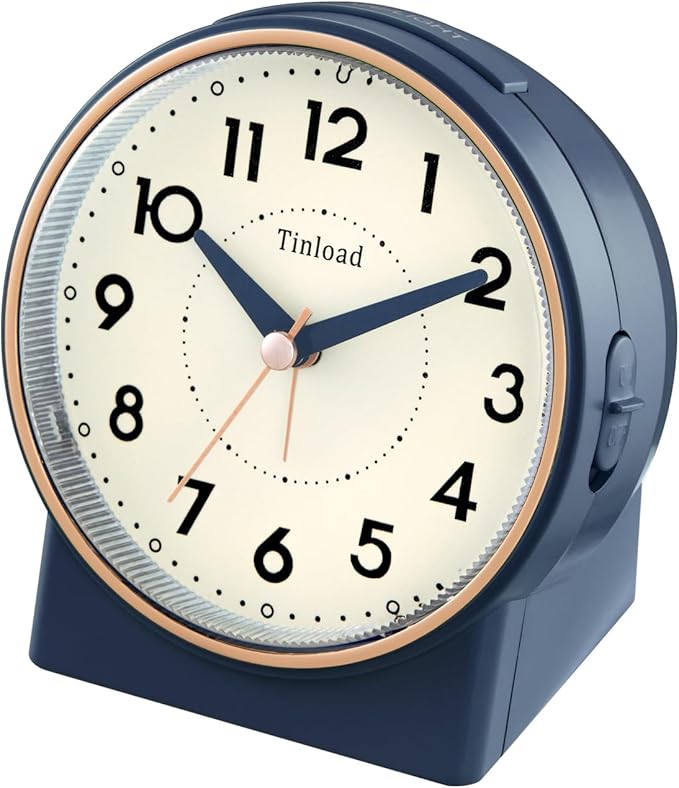 Tinload 4.3" Retro Analog Alarm Clock, Vintage Decor, No Ticking Silent, Easy to Set, Gradual Rise Alarm, On/Off Switch on Side, Gentle Wake, Snooze, Lighted on Demand, Battery Operated, Retro Blue