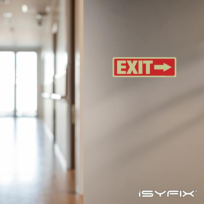 iSYFIX Exit Signs with Directional Right Arrow, Glow in the Dark, Photoluminescent Aluminum 12x4 Inch - 6 Pack, Laminated for UV & Weather Resistance, Ideal for Offices, Schools, Theaters & More