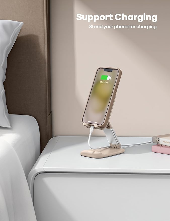 Lamicall Khaki Phone Holder for Desk - Cellphone Stand Khaki Desk Accessories Desktop Office Must Have Compatible with iPhone, 4-8'' Smartphone