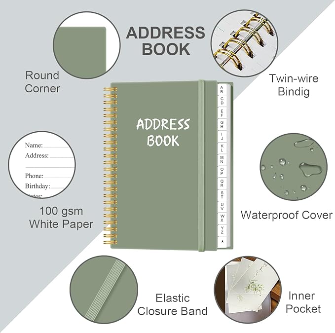 Address Book with Alphabetical Tabs - Telephone & Address Book with Address Contacts, Special Date, Phone, Birthday & Internet Login Password for Home and Office, 4.3" x 6.2", Green