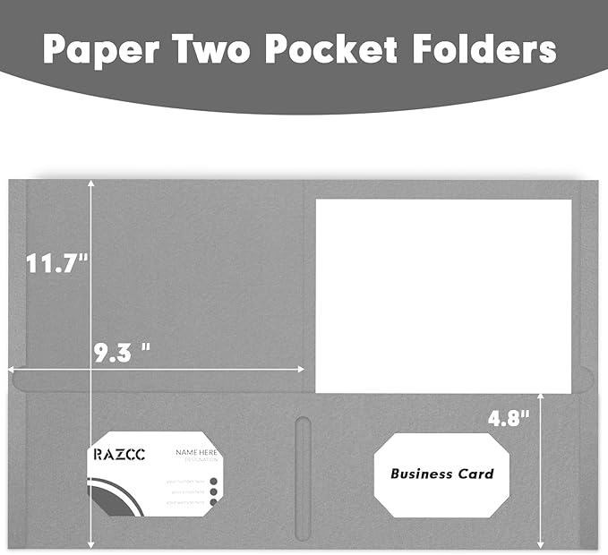 Two Pocket Folders, RAZCC 50 Pack 2 Pocket Folders Fit Letter Size Paper, Paper Folders with Pockets for School Office Business Home (Grey)