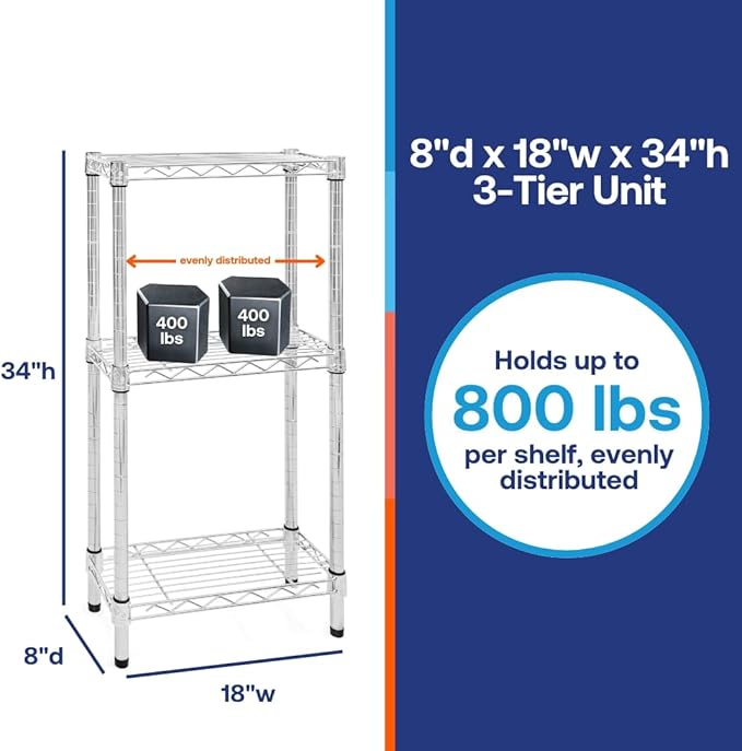 Shelving Inc. 8" d x 18" w Chrome Wire Shelving with 3 Tier Shelves, Weight Capacity 800lbs Per Shelf