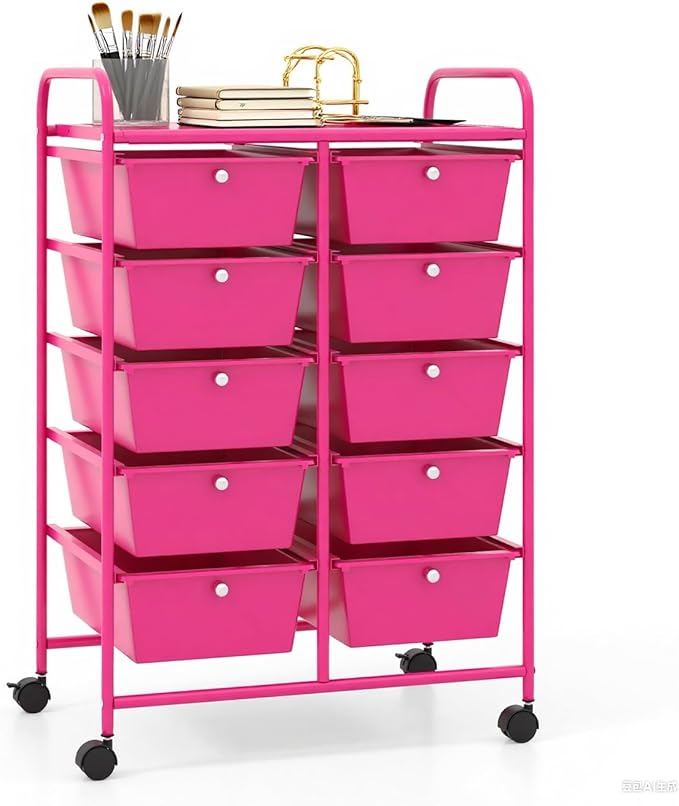 GLACER 10 Drawer Rolling Cart, Storage Cart with Lockable Whieels & Metal Frame, Trolley for Art Craft Oganizer, Mobile Utility Cart for Office, School, Classroom, Kitchen (Hot Pink)