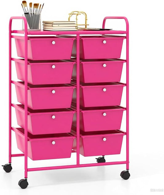 GLACER 10 Drawer Rolling Cart, Storage Cart with Lockable Whieels & Metal Frame, Trolley for Art Craft Oganizer, Mobile Utility Cart for Office, School, Classroom, Kitchen (Hot Pink)