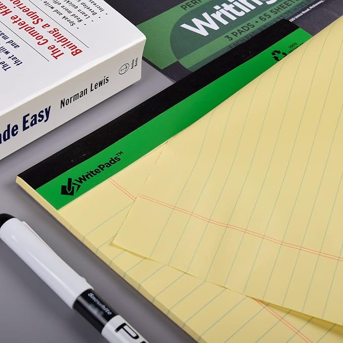 KAISA Yellow Legal Pads Writing Pads Recycled Paper 8.5"x11.75" Wide Ruled Perforated 50 sheets Hard Back Notepads 8-1/2"x 11-3/4" Writing Tablet Canary For Office Supplies (Canary 3pads)