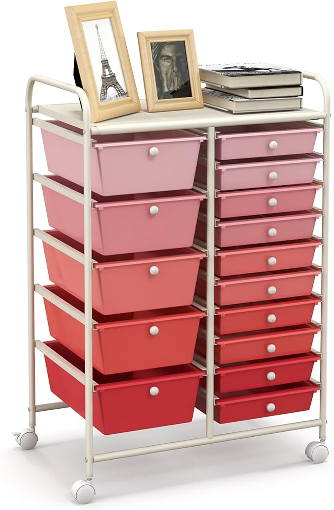 HAPPYGRILL 15-Drawer Rolling Cart, Storage Carts with Removable Drawers & Steel Frame, Utility Cart on Lockable Wheels for Home, School, Office, Pink
