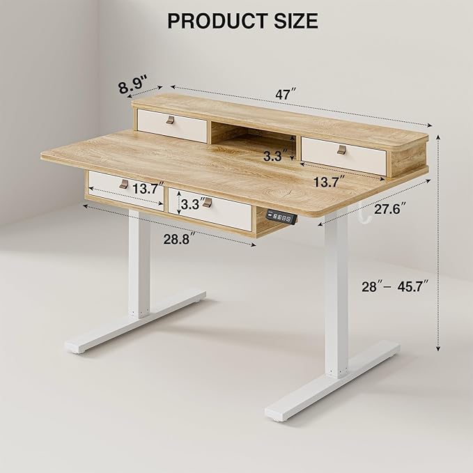 Grandder 47 Inch Electric Standing Desk with Four Drawers, Sit to Stand Up, Height Adjustable Desk with Storage Shelf for Home Office, Study, Ergonomic Adjustable Computer Desk, Oak