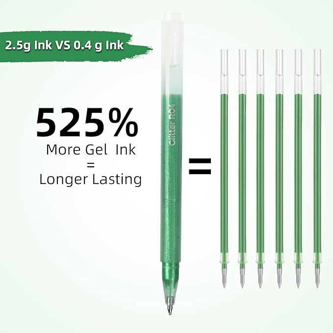 CAISEXILE 12 Green Glitter Gel Pens Set, 1.0 mm Fine Point for Black Paper & White Paper, Large Capacity Pens for Journaling, Adult Coloring Books, Drawing, Note Taking, Highlighting