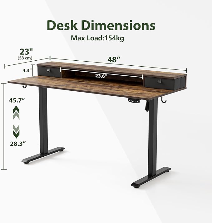 Agilestic 48 x 24 Inches Electric Standing Desk with 2 Storage Drawers, Adjustable Height Sit and Stand Computer Table with Splice Board, Rustic Brown