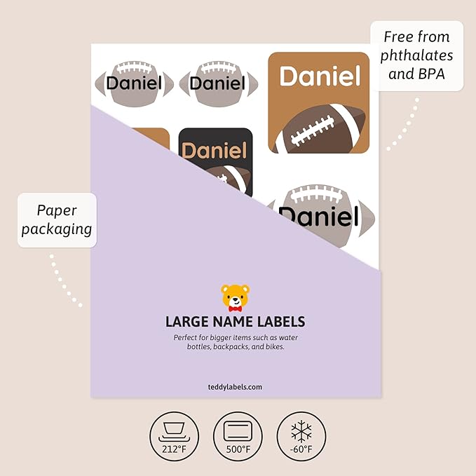 Large Name Labels for Kids (33) - Custom Stickers for Daycare and School Supplies - Durable, Waterproof Stickers for Water Bottles, Lunch Boxes, and More with Unique Designs - Football