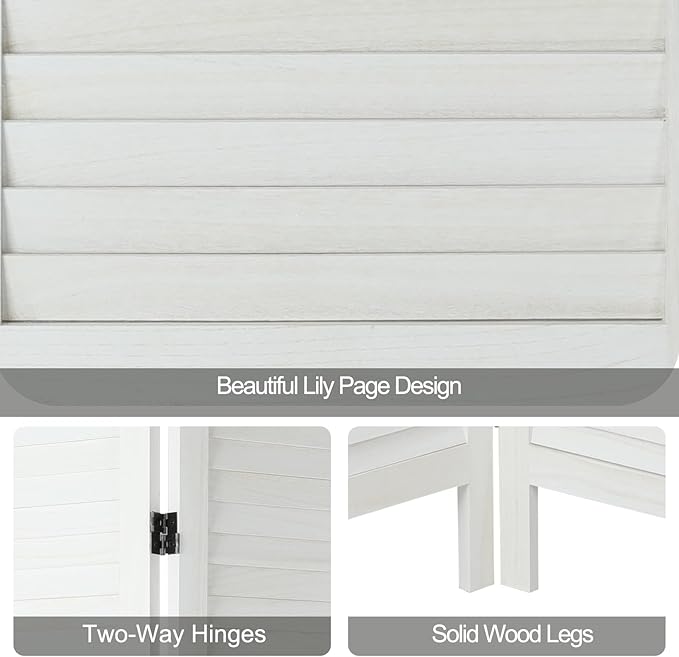 6 Panel Room Dividers and Folding Privacy Screens, Divider for Room Separation, Wood Louvered Divider Wall, Wooden Partition for Home Office Bedroom (White-Washed)