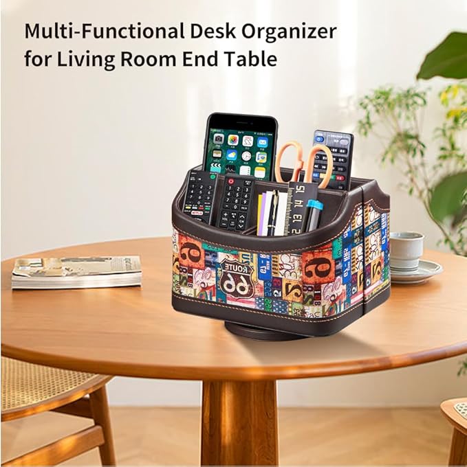 PUSU Remote Control Holder, Colorful Pattern Nightstand TV Caddy, PU Leather 360 Degrees Rotatable Desktop Organizer Storage Box for TV Remotes/Media Controllers/Office Supplies