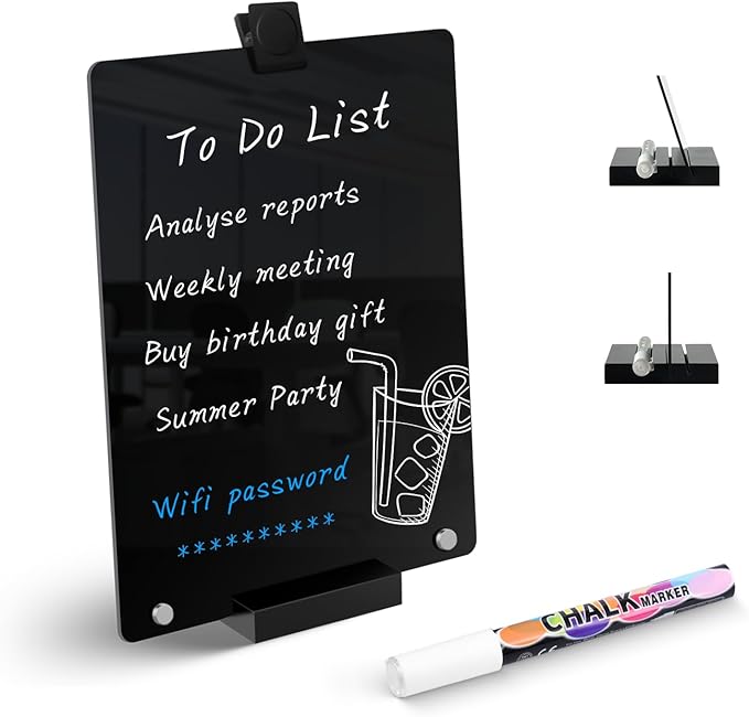 Kivsty Acrylic Black Dry Erase Board with Stand - 12” x 8” Small Desktop Whiteboard with Marker, Reusable Desk Blackboard, to-Do List, Planner, Memo Clipboard, Menu Board for Office, Home, Bar