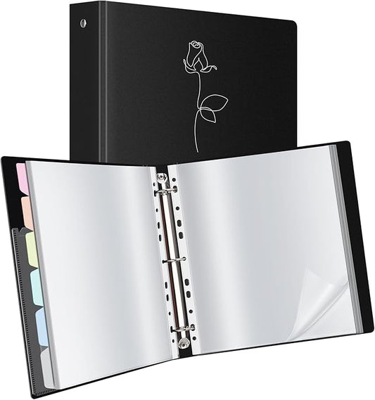 Uquelic 50-Pocket Binder with Plastic Sleeves for Letter/A4 Size(11" x 8.5"), Silver Rose Printed Cover, Document Binder Organizer for Papers, Certificates and Artwork with Macaron PP Divider Pages