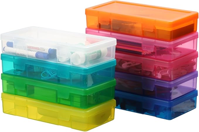 novelinks Stackable Plastic Clear Storage Box Containers with Latching Lid - Art Craft Supply Organizer Storage Containers for Pencil Box, Crayon, Beads, Jewelry (9 Pack Medium -Color)