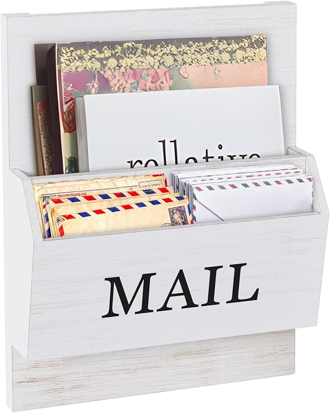 SeekElegant Mail Organizer Wall Mounted, 2-Slot Mail Holder for Wall, Wood Hanging Mail Organizer, File Paper Letter Envelope Bill Holder for Office Home Entryway (White)