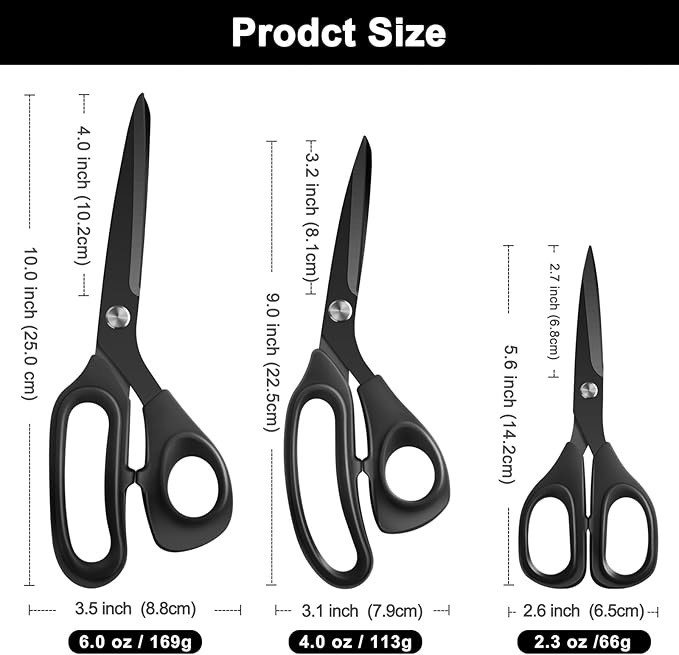Zicolu Premium Proseries Sewing Fabric Scissors Bundle (10"/9"/6"), Black Office Scissors All Purpose, Sharp Titanium Coated Blade, Comfort Grip Soft Handles for Diy Craft, Paper, Art, School, Home