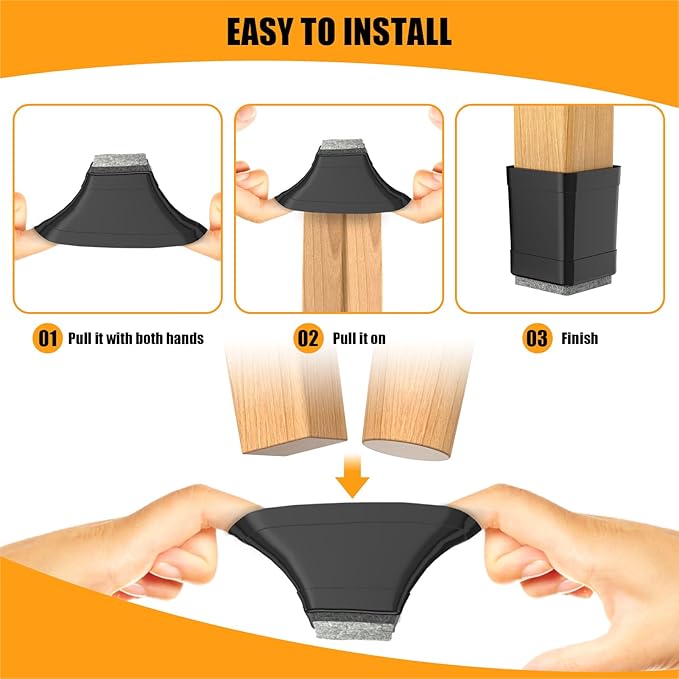 Square Chair Leg Protectors for Hardwood, 16Pcs Silicone Chair Legs Caps to Prevent Floor from Scratches and Reduce Noise, Easy to Move(1.25 Inch Black).