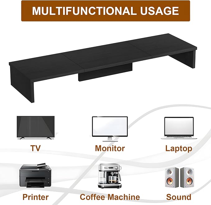 Qupui Dual Monitor Stand Riser, Large Computer Monitor Stand for Desk, Monitor Riser for 2 Monitors, Wood Desk Shelf for Top of Desk, Desktop Organizer for Computer, Laptop, Printer, TV