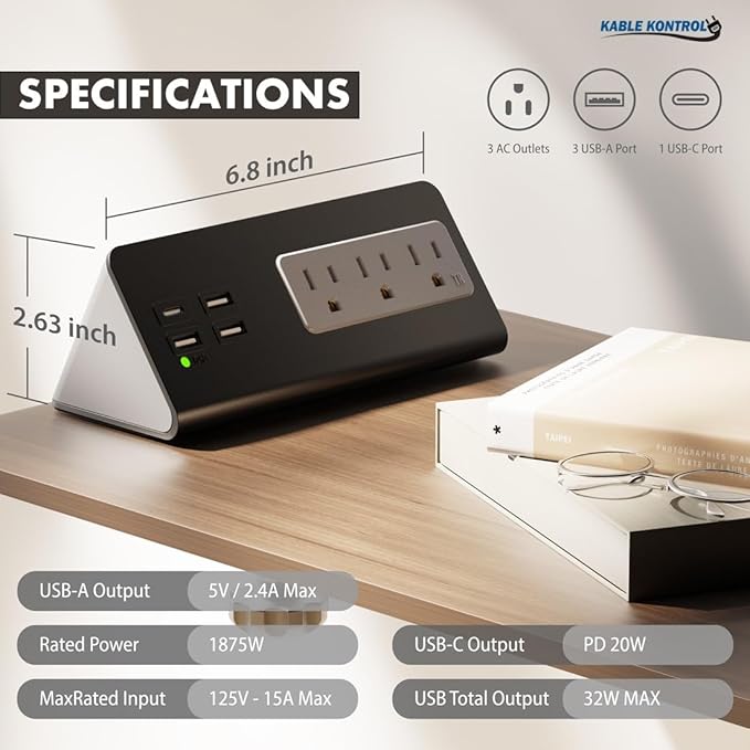 Kable Kontrol Desk Clamp Power Strip with USB-C Port, Nightstand Charging Station, 3 AC Outlets, 3 USB-A Ports, Fast Charger, Easy Installation for Home, Offices, Hotels – 4.9 Ft, White, 20 Pcs