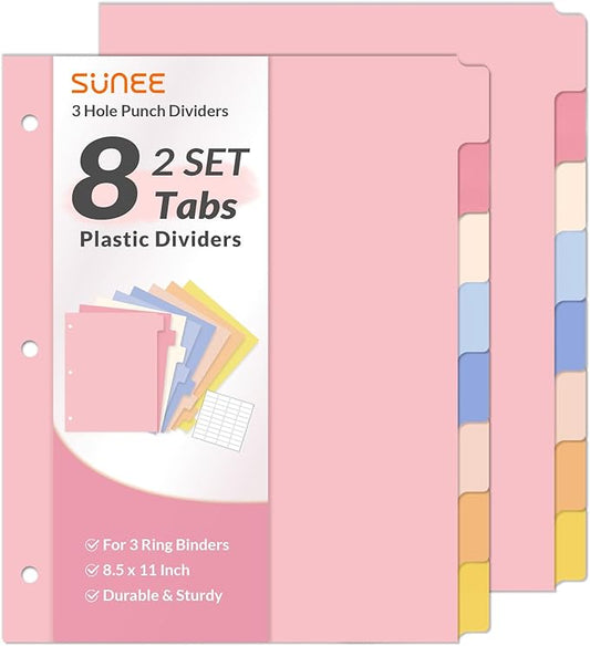 SUNEE 8 Tab Binder Dividers,Plastic Dividers for 3 Ring Binder,3 Ring Binder Dividers with Tabs for School Office Home Supplies,Pastel Color, 2 Set