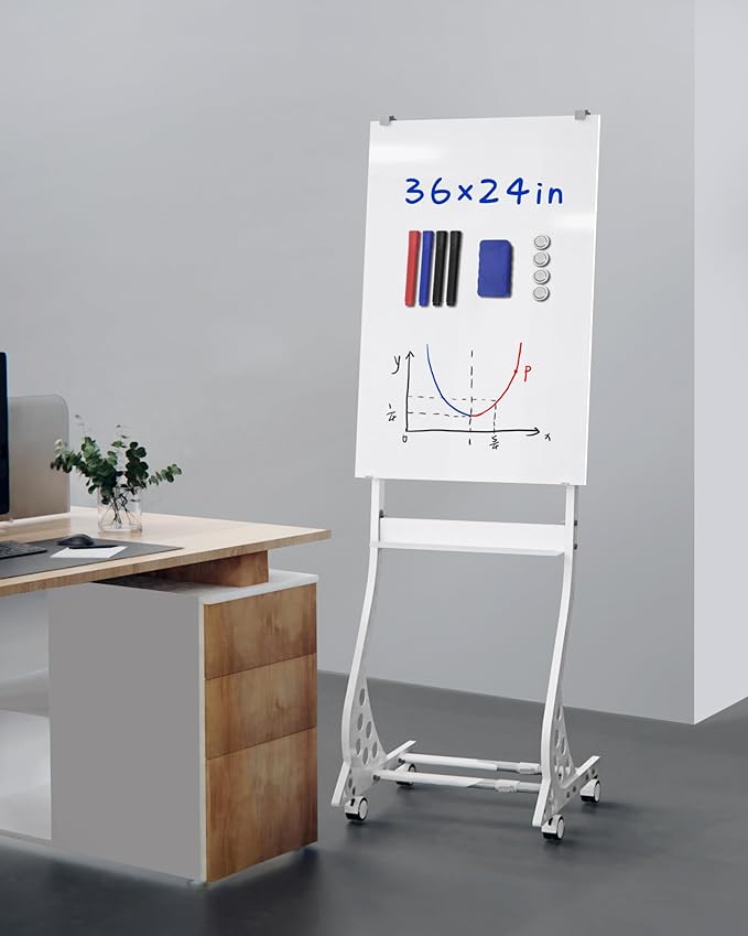 Mobile Glass Whiteboard, 24 x 36 inch Glass Board/w Height Adjustable, Large Portable Dry Erase Board with Stand and Wheels for Home, Office,Classroom &School, White