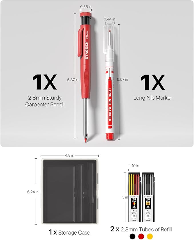STAGEEK Carpenter Pencils Set with Sharpener, Heavy Duty Woodworking Tools with 13 Refills (Red, Black, Yellow), Construction Pencil and Deep Hole Long Nib Marker Pen for Architect Marking with Case