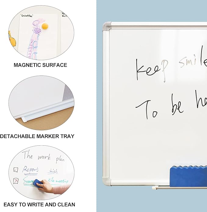 DEVELOP Large Grey Felt Bulletin & Magnetic Dry Erase Combo Board, 60 x 36 Inch Hanging Whiteboard/Grey Felt Bulletin Combination Board with Marker Tray, Pins, Eraser, Markers & Magnets