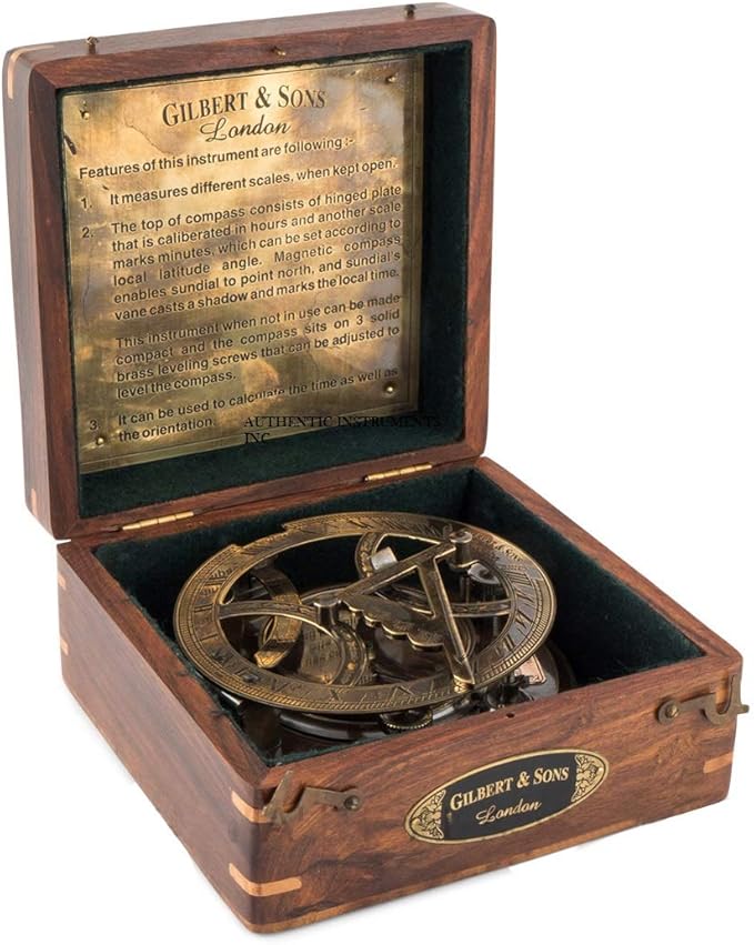Top Grade 5-Inch Sundial Vintage Nautical Marine Compass with Wooden Box Antique Brass Sun Clock for Decoration, Navigation, Gifts Ship Replica Maritime Compass