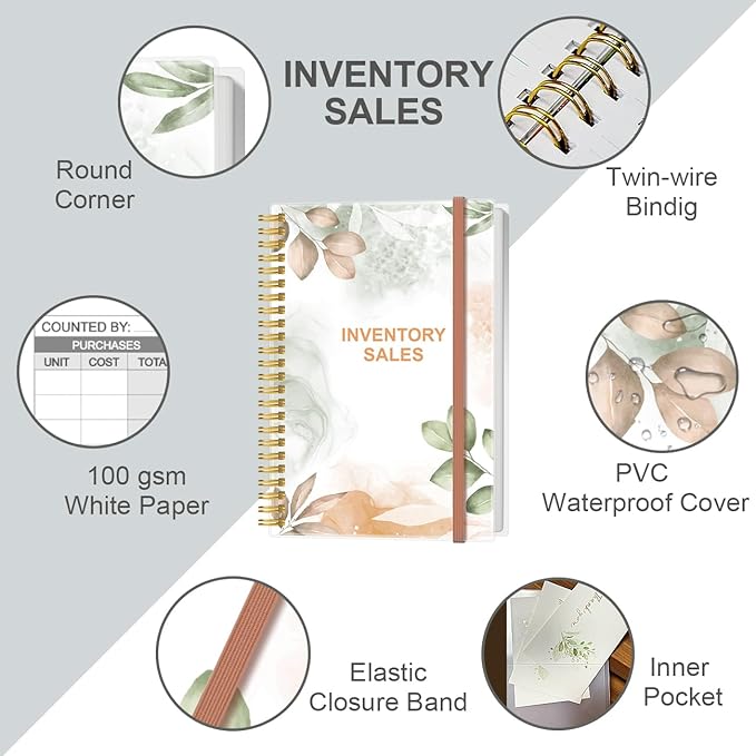 Inventory & Sales Log Book for Small Business – Inventory Ledger Book, Inventory Notebook, Order Tracker for Purchases, Sales & Reorders, 5.8" x 8.5", Rose Leaf