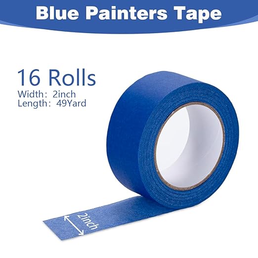 XUXU 16Pack Blue Painters Tape 2 inch Wide Masking Tape Bulk for Multi-Surface, Produce Sharp Lines, Residue-Free 784 Yards Total