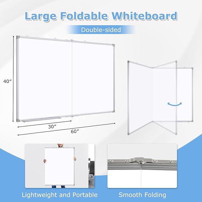 DOLLAR BOSS Large White Board 60 x 40 Inch Foldable Magnetic Whiteboard for Wall, Portable Double Sided Dry Erase Board, Aluminum Frame Message Board for School, Office, Classroom with Eraser, Markers