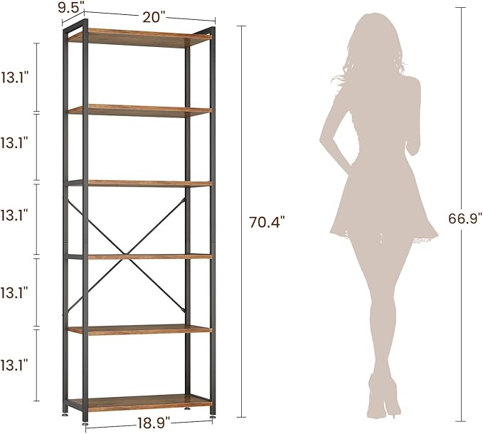Casaottima Book Shelf Set of 2, 6 Tier Tall Bookshelf, Modern Wood Bookcase Shelves for Bedroom, Industrial Display Shelf for Living Room Home Office, Standing Shelving Unit Storage Organizer, Vintage