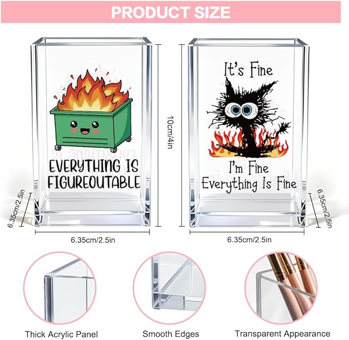 Vgrti Funny Black Cat 2 Pack Acrylic Cosmetic Pencil Pen Holder Cup, Emotional Dumpster Fire Pencil Pen Holder Cup, Cat Lover Gift for Women, Office Sarcastic Gifts for Women Men Colleague