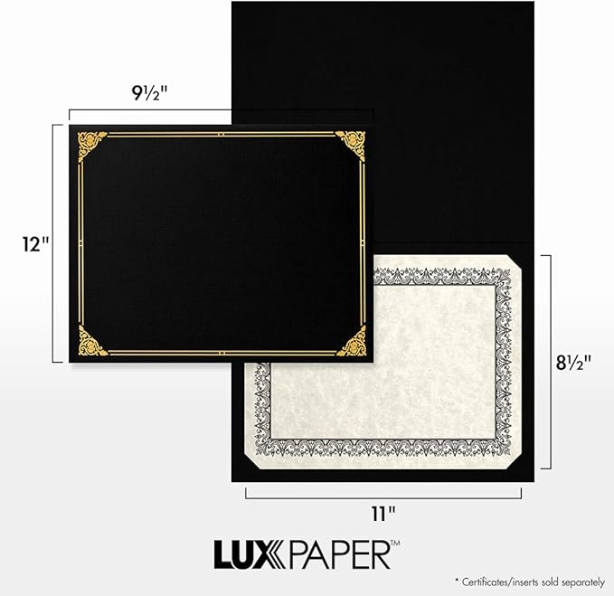 LUXPaper 9.5" x 12" Certificate Holders | Black Linen | Embossed Gold Foil Floral Border | 100lb. Cover | 25 Qty