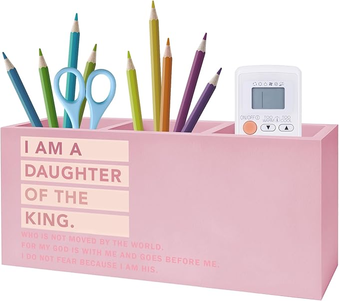 Exqcom Pink Christian Makeup Brush Holder, Daughter of the King Bible Verses Pen Holder Organizer for Dorm Bedroom Desk Accessories, Pink Preppy Toothbrush Holders for Girly Bathroom