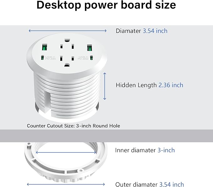 Desktop Power Grommet 3-inch Hole,40W Total Fast Charging Station, 2 PD 20W USB C Port,Flush-Mount Recessed Power Strip, 2 AC Outlets,4 USB Ports,in to The Top of Your Desk,6ft Cord