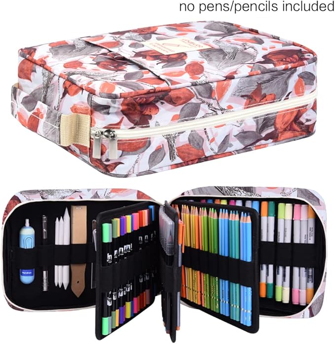 Pencil Case Holder Slot - Holds 202 Colored Pencils or 136 Gel Pens with Zipper Closure - Large Capacity Polyester Pen Organizer for Watercolor Pens or Markers - Perfect for Artist Withered Roses